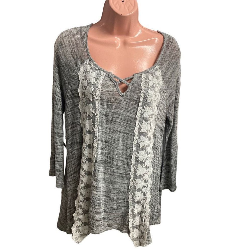 UNITY WORLD WEAR Gray Lace Sweater Top ‎  Size Medium